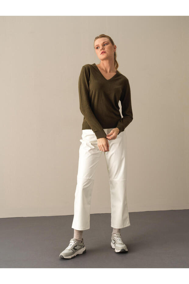 Kadın Haki Regular Fit Basic Kazak - 4