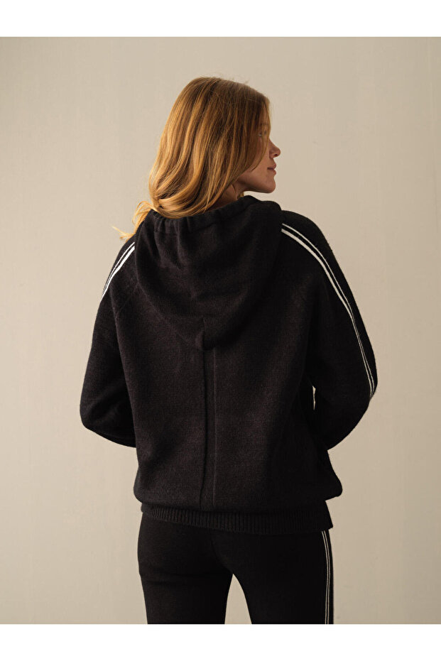 Kadın Siyah Kapüşonlu Oversize Triko Sweatshirt - 3