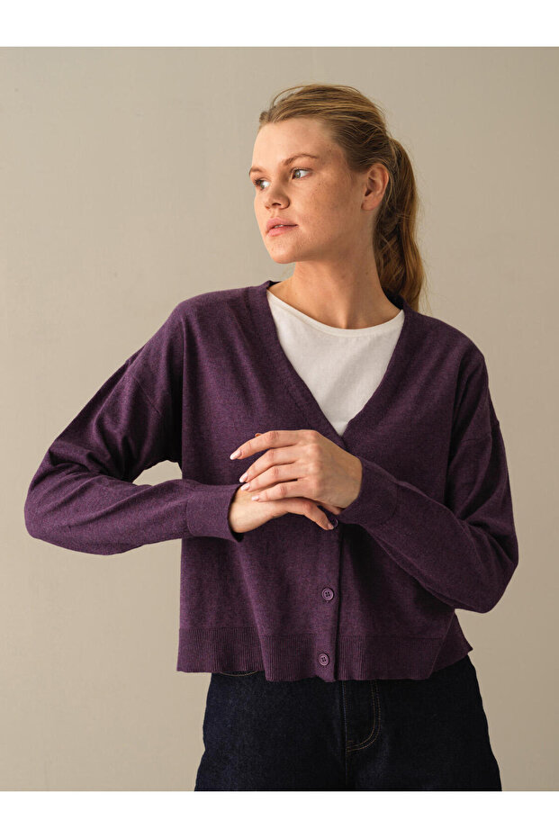 Female Mor Slim Fit Basic Hırka - 1