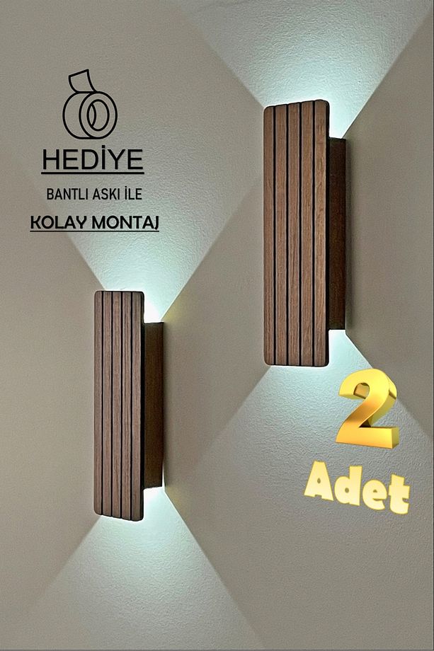 2 Adet Ahşap Pilli Dekoratif Duvar Aydınlatması Aplik Gece Lambası (CEVİZ-BEYAZIŞIK) - 1