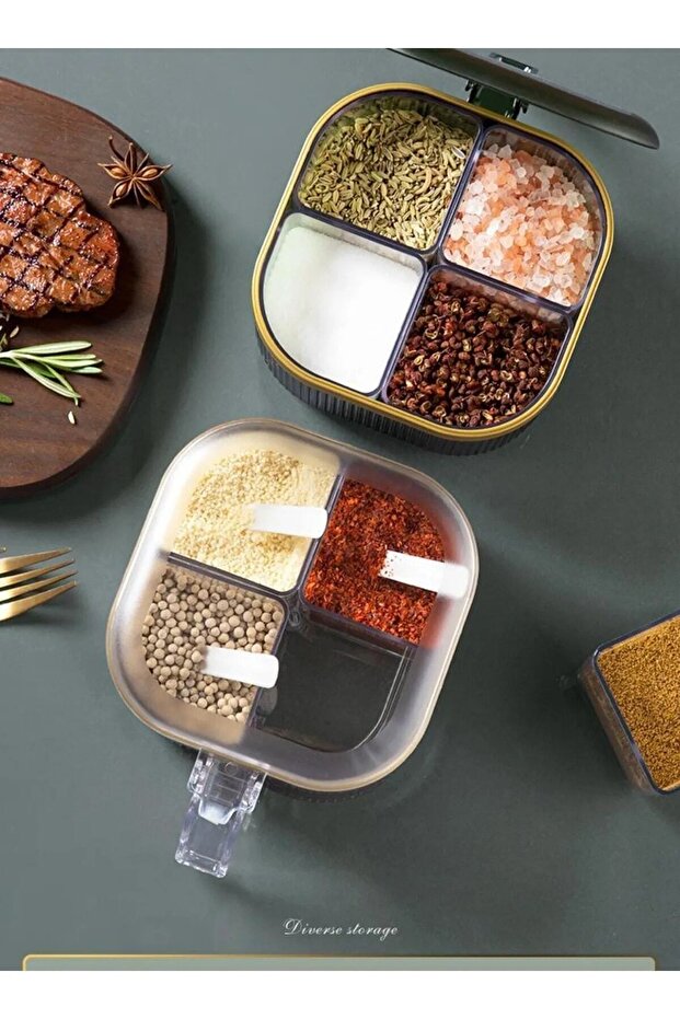 Table Top Spice Rack with 4 Spoons and Lid 4 Compartments Spice Box (Suitable for Restaurant and Cafe Use) - 4