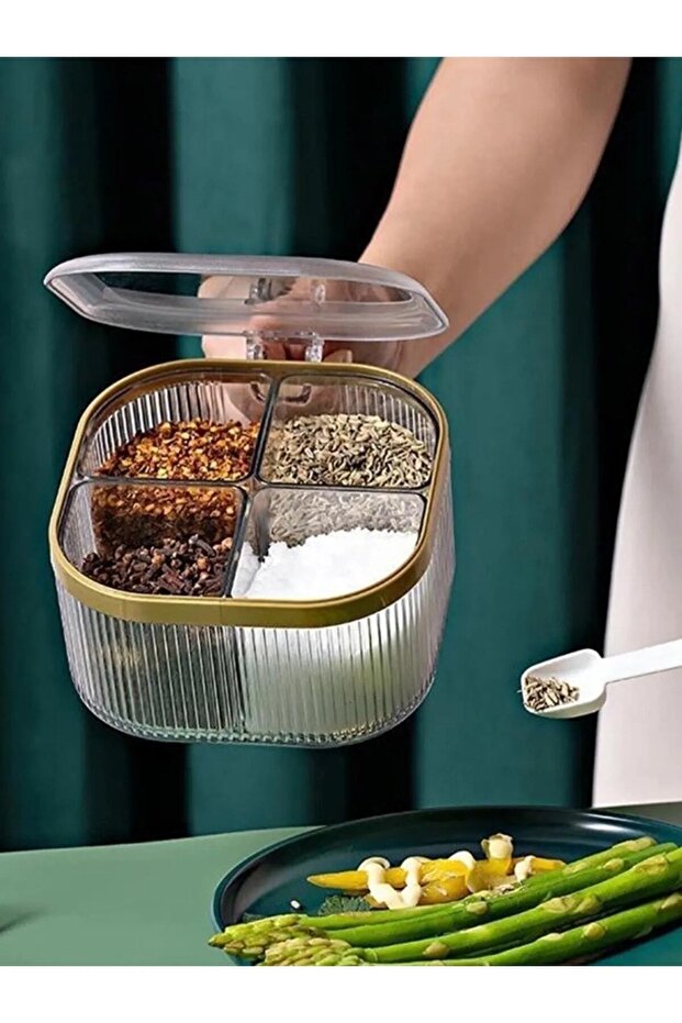 Table Top Spice Rack with 4 Spoons and Lid 4 Compartments Spice Box (Suitable for Restaurant and Cafe Use) - 3