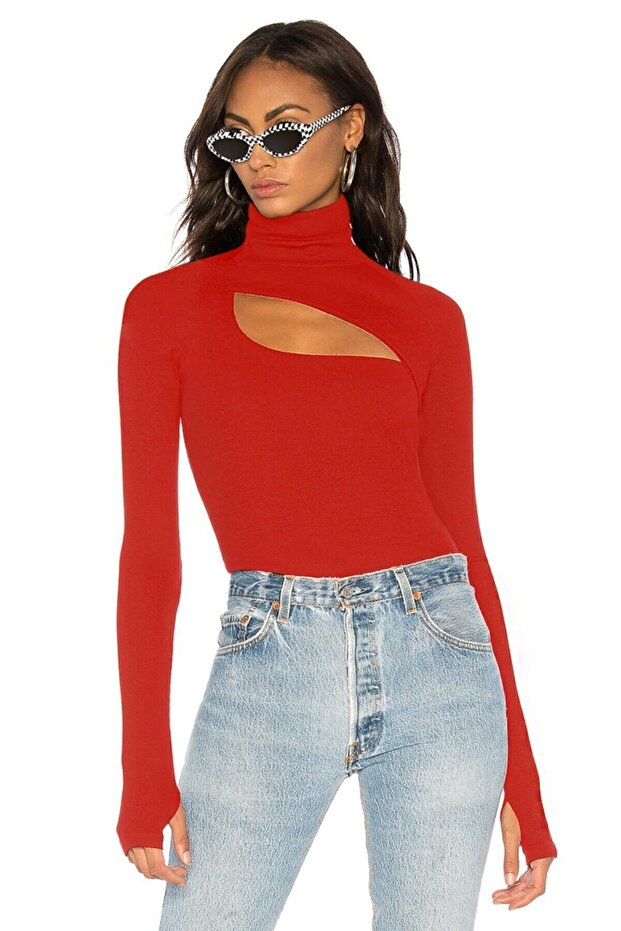 Women's Red Milano Turtleneck Finger Snap Silk Jersey Bodysuit