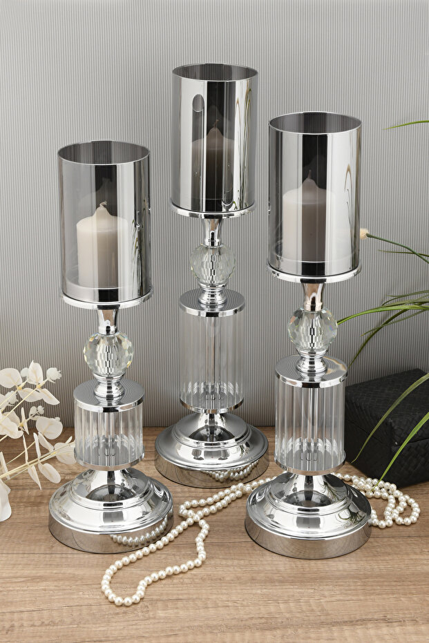 Enlen 3 Lü Set Şamdan & Mumluk Krom - 1