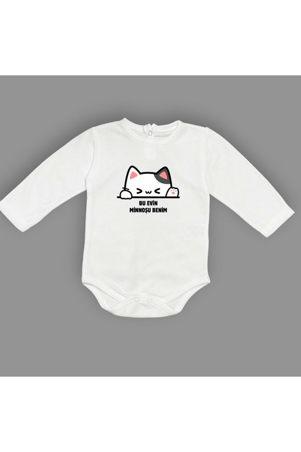 Minnoş Cat Printed Baby Snap Body Long Short Sleeveless M00688 Ekru
