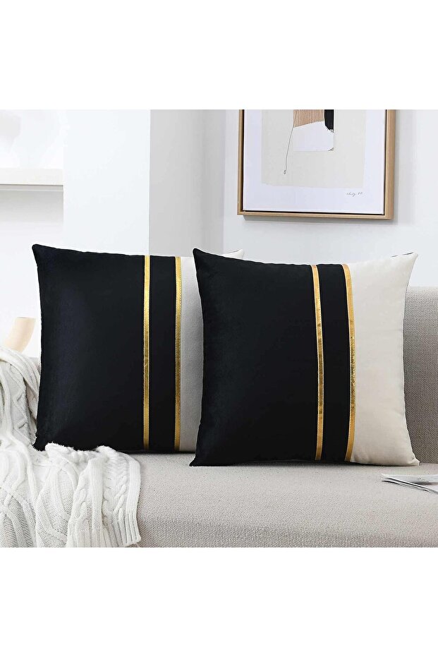 2 PCS Gold Leather Striped Velvet Look Decorative Throw Pillow Cover