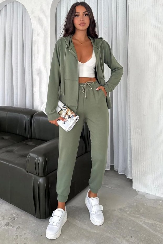 Khaki Color Hooded Modal Tracksuit Set