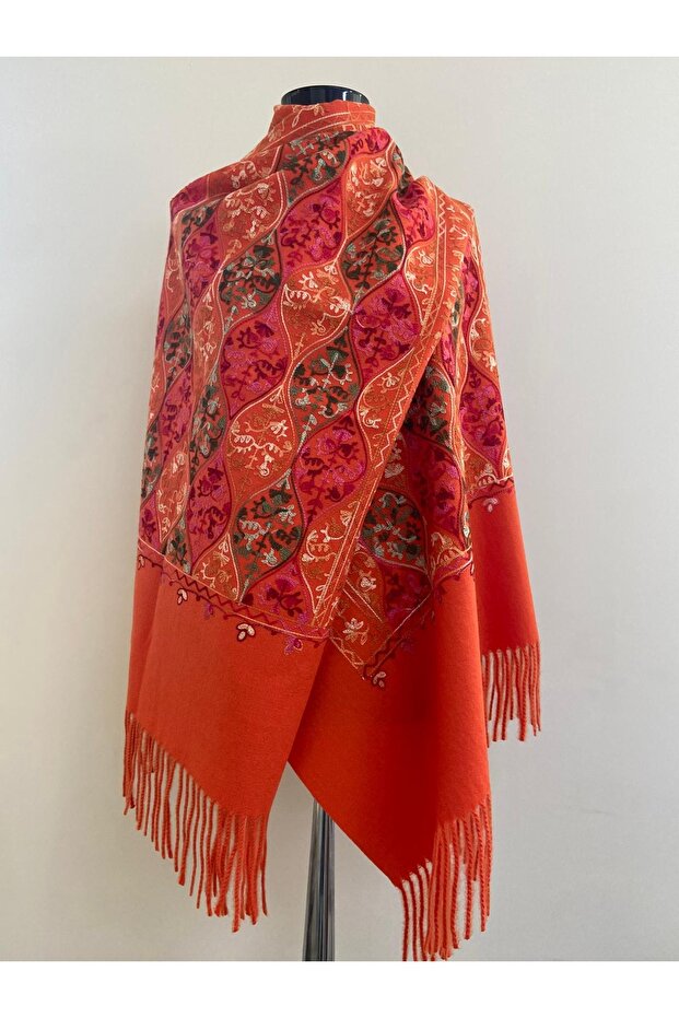 Ethnic Pattern Embroidered Winter Shoulder Shawl - Orange