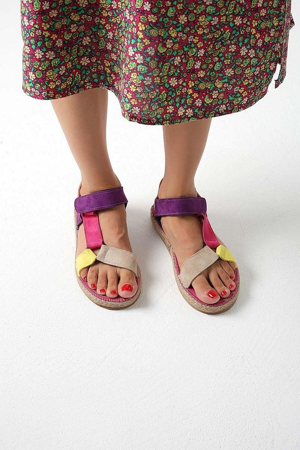 Kadın Multi Mor Fuşya Masiv Hasır Şeritli Süet Sandalet 3cm Byndmas01 - 4