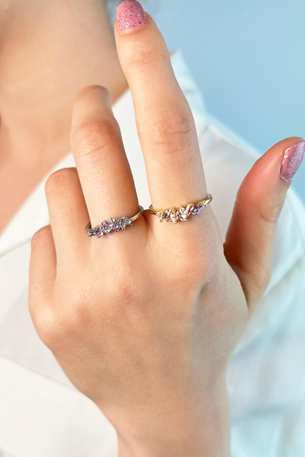 خاتم حجر ملون - فضي - 2