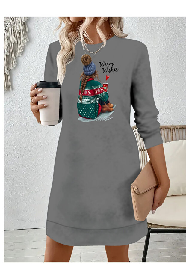 Women's Long Sleeve Crew Neck Print Viscose Two Thread Dress