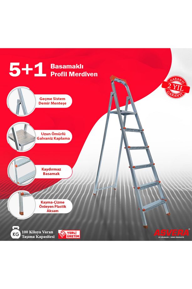- 5+1 Basamaklı Galvanizli Profil Merdiven - Ev - Bahçe - İş Yeri İçin Dayanıklı - 1
