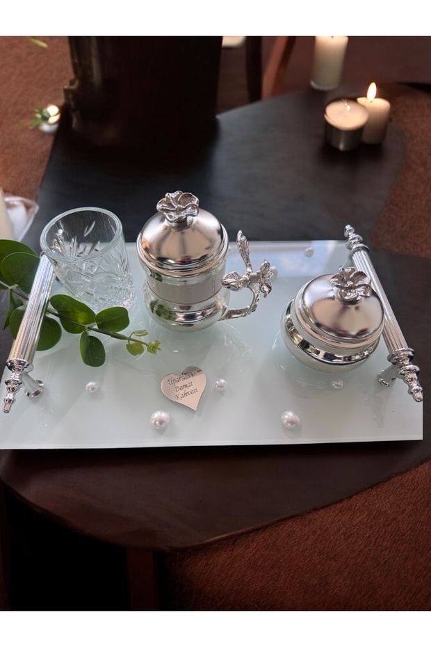 Bonding Gümüş Beyaz İncili Söz Tepsisi Nişan Tepsisi ve Damat Kahve Fincan Tepsisi - 3