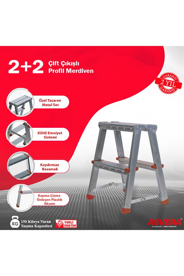Elmas Serisi – 2+2 Basamaklı Çift Çıkışlı Galvanizli Profil Merdiven | Ev, Bahçe, İş Yeri İçin - 2