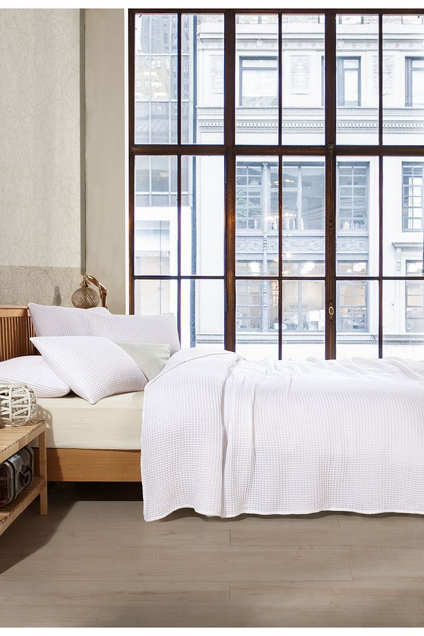 %100 Pamuk Waffle Çift Kişilik Saçaksız Yatak Örtüsü 230x250/2 Adet Yastık Kılıfı 50x70cm - 3