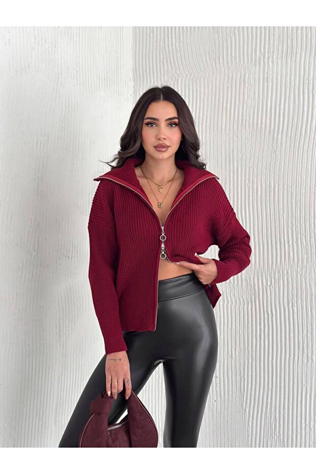 Çift Fermuarlı Triko Hırka - 1