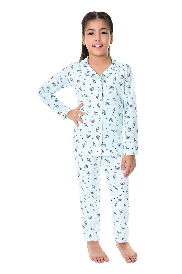 Cotton Shirt Collar Button Flat Leg Girl's Pajama Suit