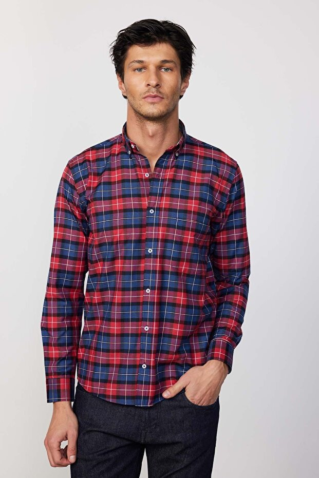 Classic Fit Long Sleeve Buttoned Collar Small Plaids Cotton Claret Red Men's Shirt