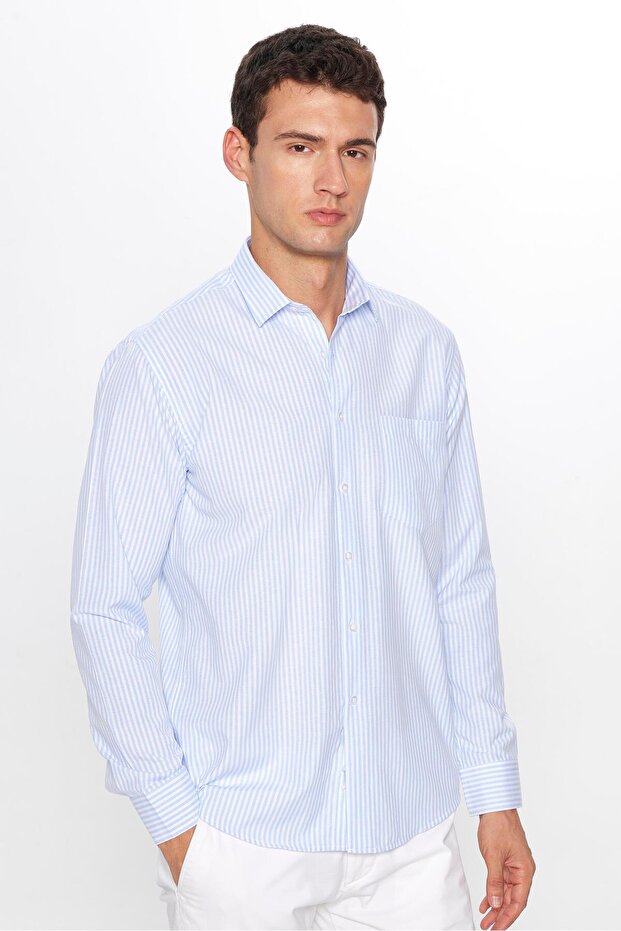 Men's Regular Fit Classic Cut Single Pocket Striped Italian Lapel Shirt
