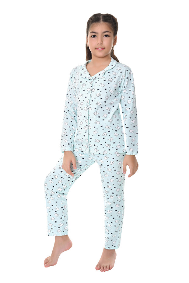 Cotton Shirt Collar Button Flat Leg Girl's Pajama Suit