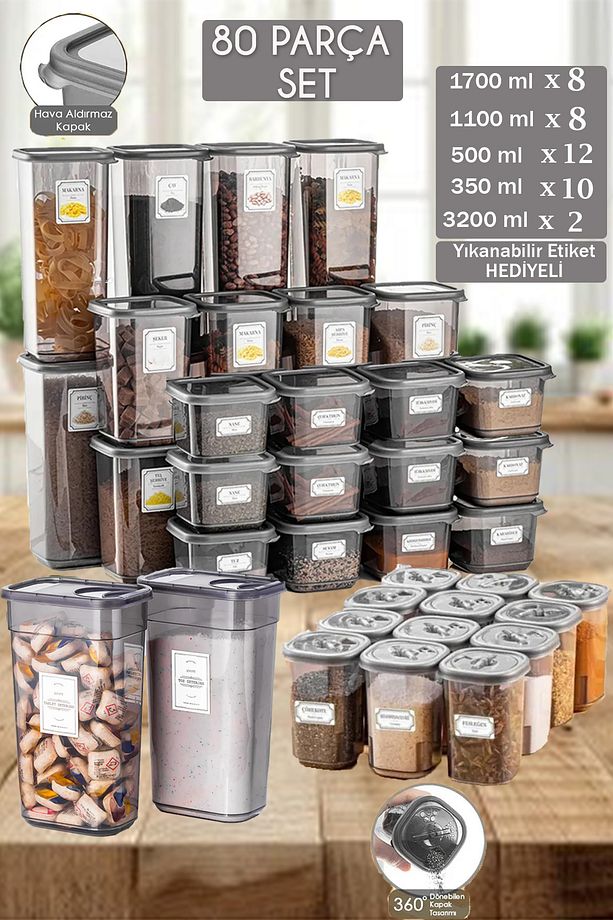 Elvis 40 Adet 80 Parça Erzak Ve Bakliyat Saklama Kabı 8x(1,10-1,70 LT)12x(0,5 LT)10x(350ML)2x(3,2LT) - 1