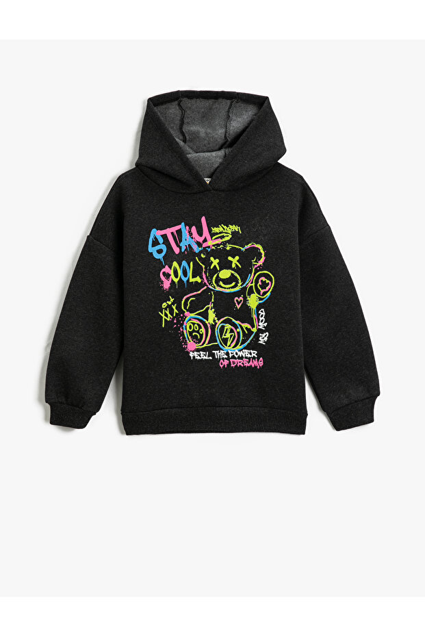 Hooded Sweatshirt Graffiti Themed Teddy Bear Printed Long Sleeve Ribbon