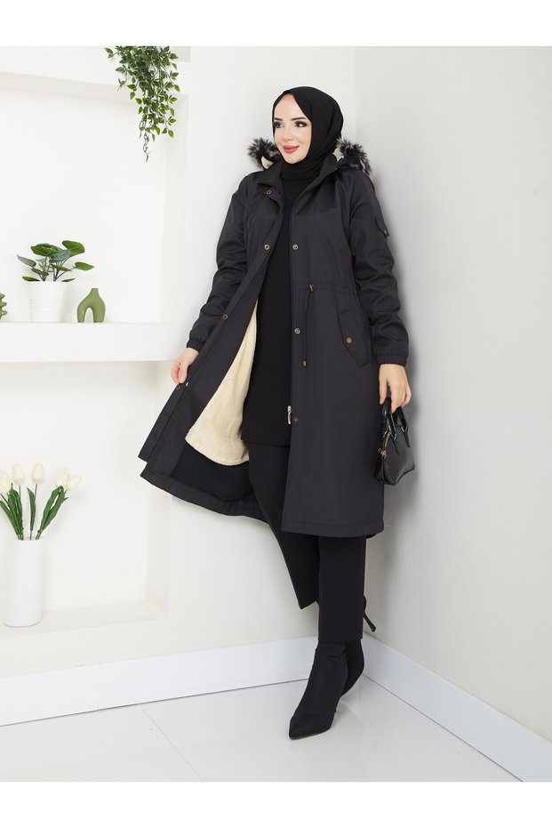 1032 Large Size Inner Hood Furry Waist Lace Up 3 Pocket Women's Cap