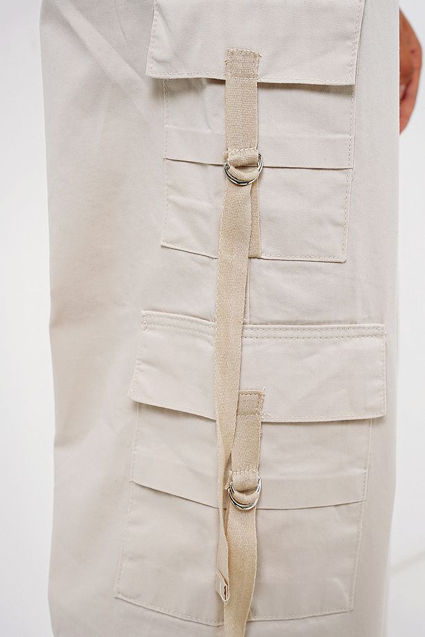 6691 Geniş Paça Kargo Pantolon - Ekru - 5