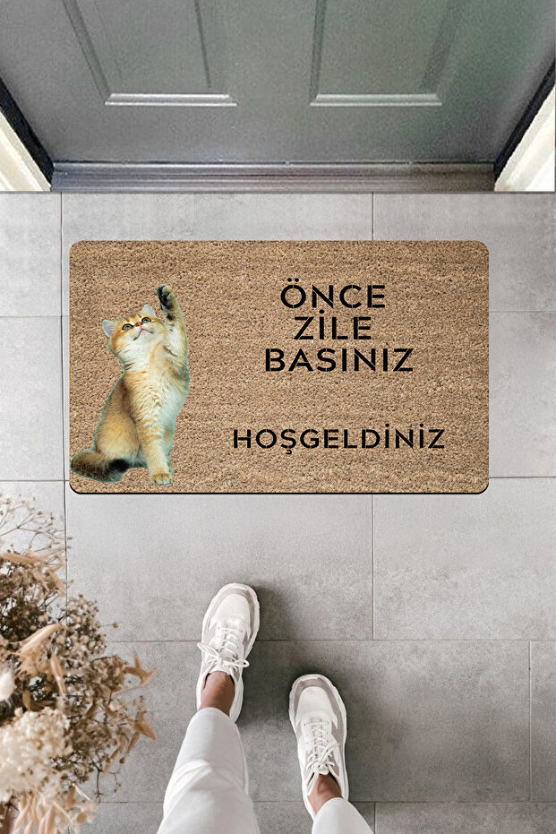 Yüksek Kaliteli Dijital Baskı 'Önce Zile Basınız'' Mesajlı Hoşgeldiniz Kapı Önü Paspası - 1