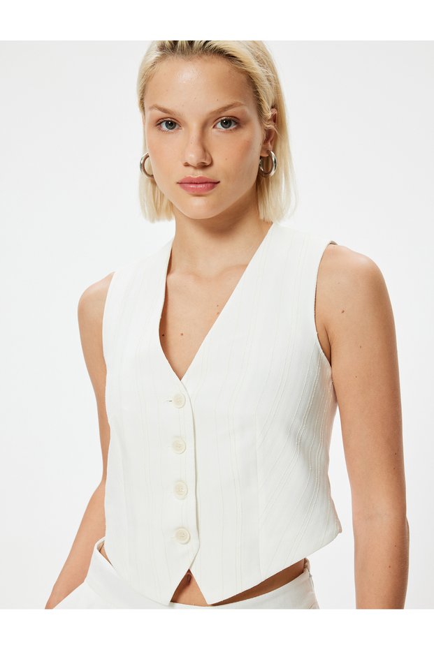 V-Neck Buttoned Double Breasted Textured Vest