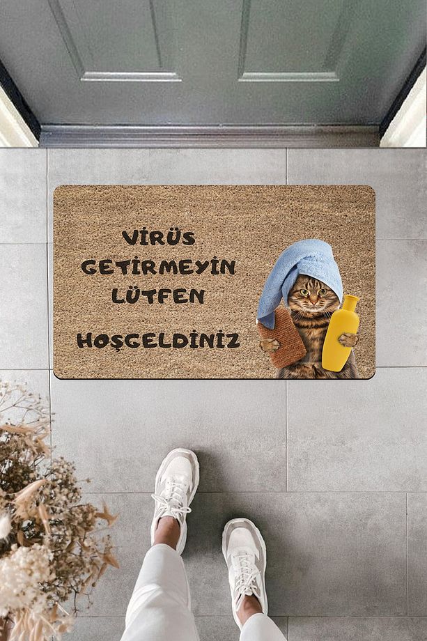 Yüksek Kaliteli Dijital Baskı Virüs Getirmeyin Lütfen Kedili  Kapı Önü Paspası - 1