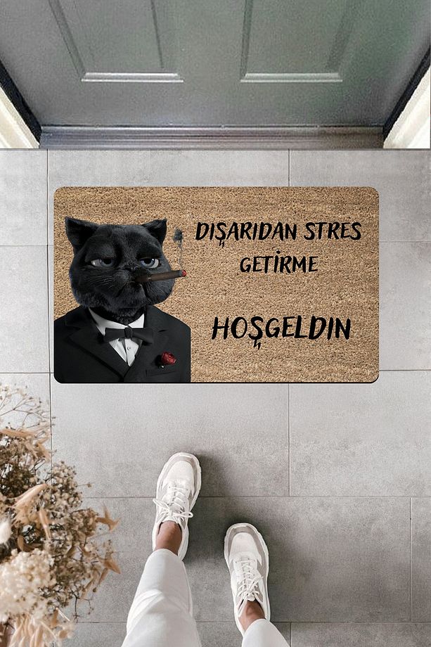 Yüksek Kaliteli Dijital Baskı Mafya Kedi Uyardı: Dışarıdan Stres Getirme!!! Kapı Önü Paspası - 1