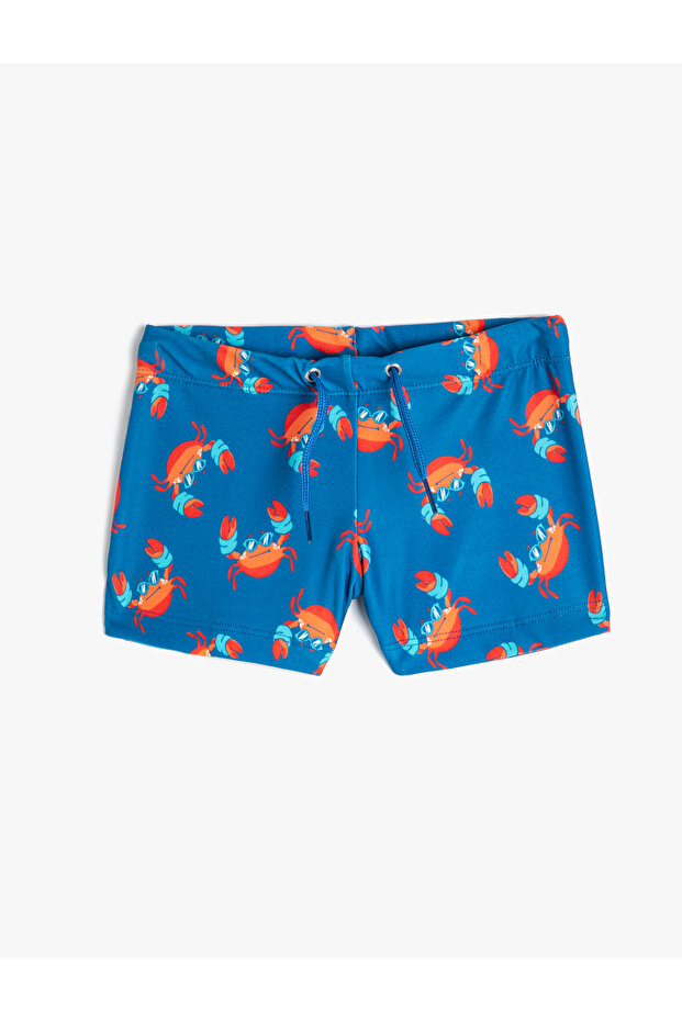 Swim Shorts with Crab Print and Tie Waist