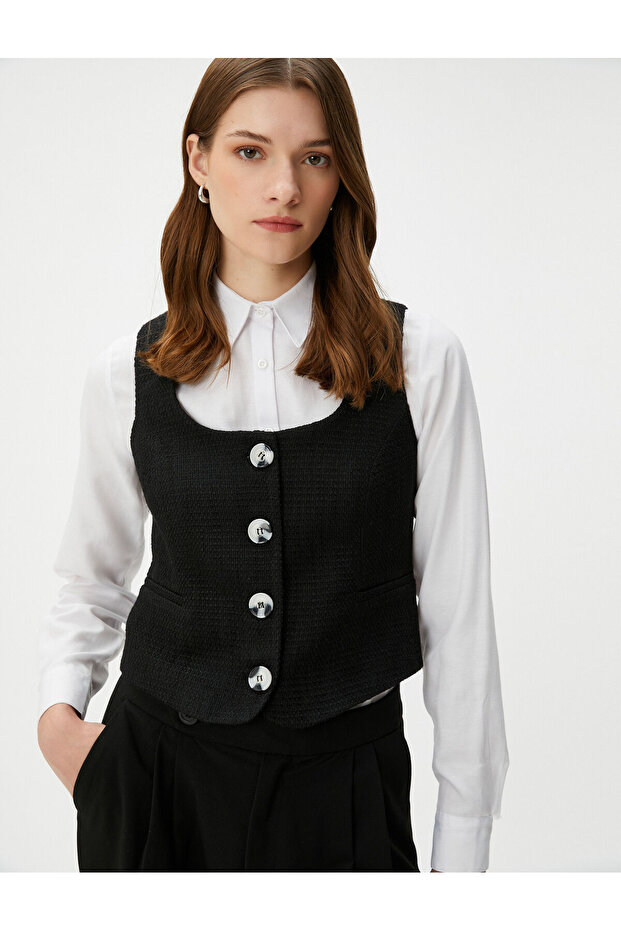 Tweed Vest Buttoned Square Collar with Pockets