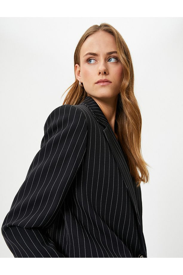 Oversize Blazer Ceket Tek Düğmeli Kapaklı Cepli - 1