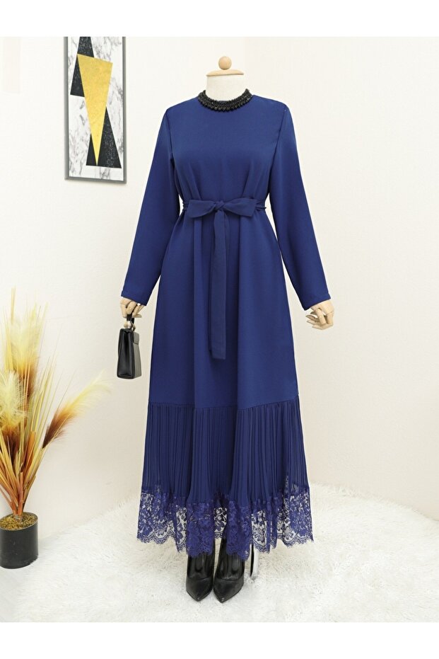 Skirt Pleat Lace Belted Dress -Indigo