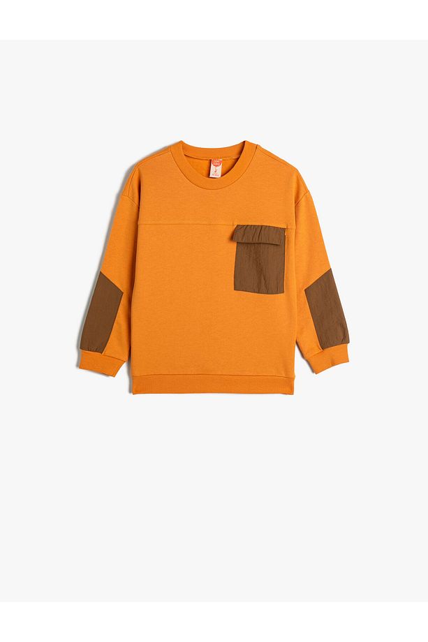 Sweatshirt Uzun Kollu Bisiklet Yaka Cep Detaylı Şardonlu Pamuklu - 1
