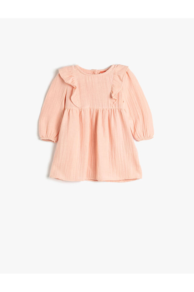 Dress Ruffle Detailed Round Neck Rubber Cuffed Cotton