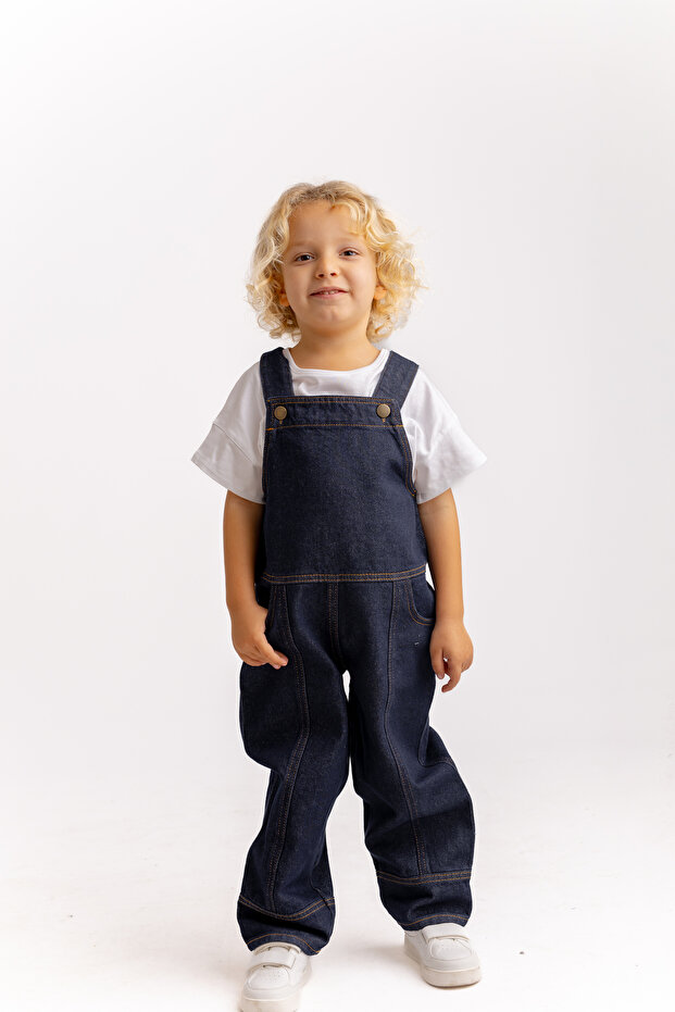 Unisex Long Leg Denim Overalls with Side Pockets Blue