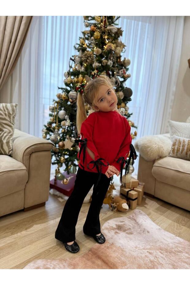 Bow Detailed Girl's Bottom and Top Set Red