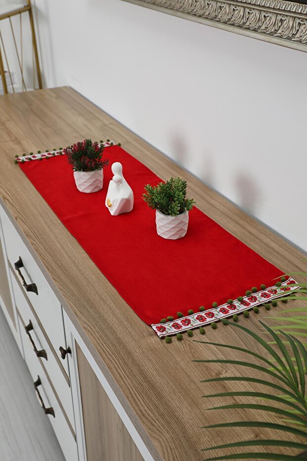 Patterned Stripe and Pompom Detailed Runner 90X30 Cm,R-88K,Red - Green with Pompoms - 4