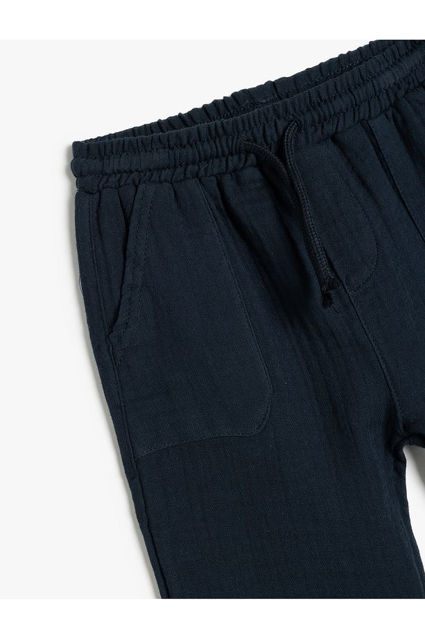 Pamuklu Beli Bağcıklı Cepli Basic Müslin Jogger Pantolon - 3