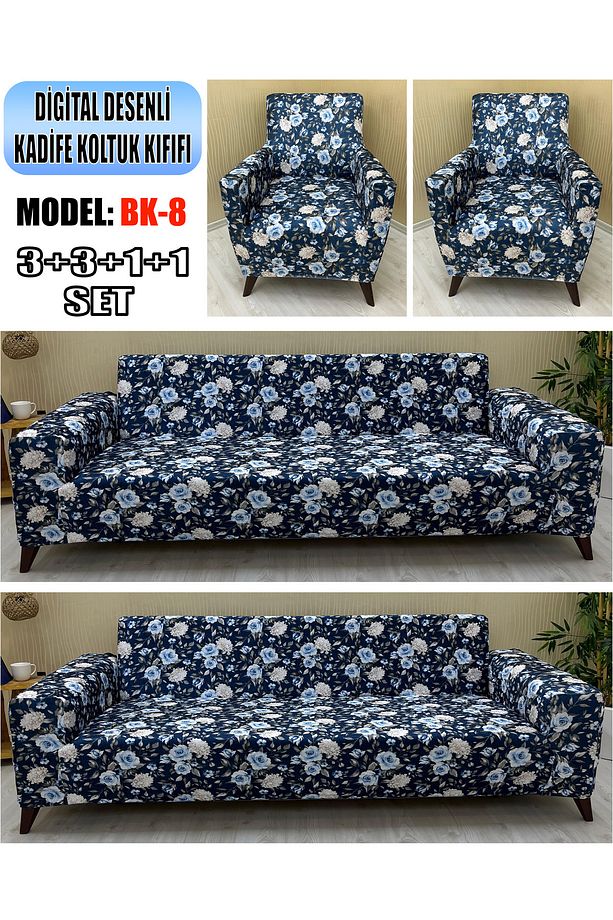 Desenli Kadife Kumaş 2 Adet Üçlü & Çekyat- 2 Adet Tekli Set Koltuk Kilifi - 1