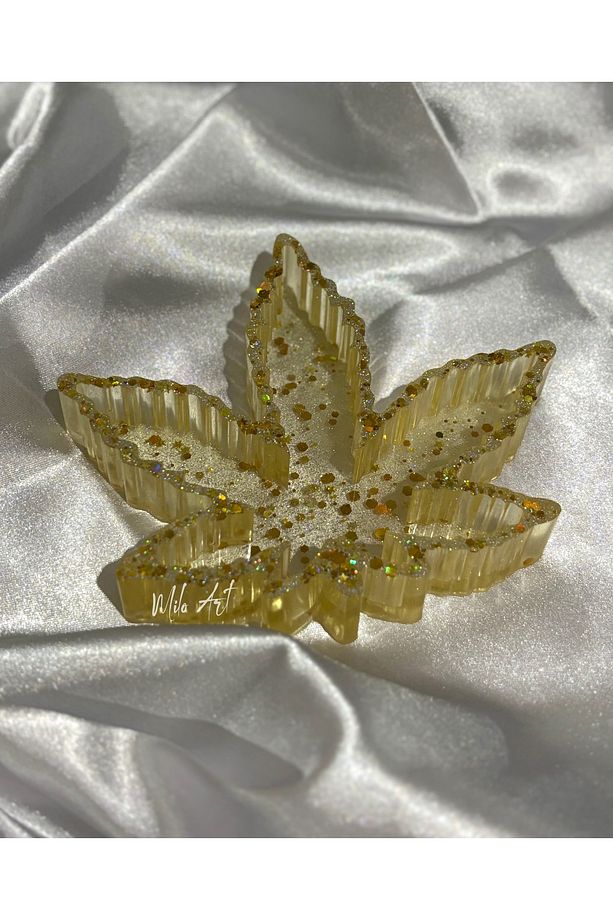 Simli Glitterlı Yaprak Şeklinde Epoksi Küllük Kül Tabağı ( 1 Adet Sarı ) - 4