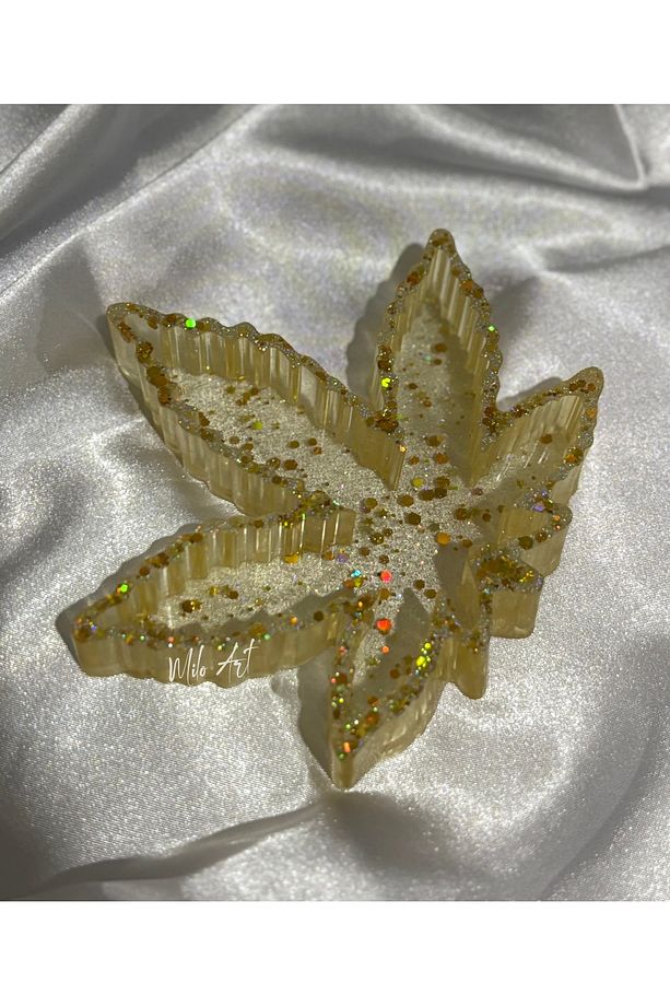 Simli Glitterlı Yaprak Şeklinde Epoksi Küllük Kül Tabağı ( 1 Adet Sarı ) - 3
