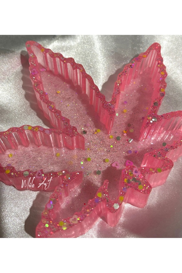 Simli Glitterlı Yaprak Şeklinde Epoksi Küllük Kül Tabağı ( 1 Adet Pembe ) - 4