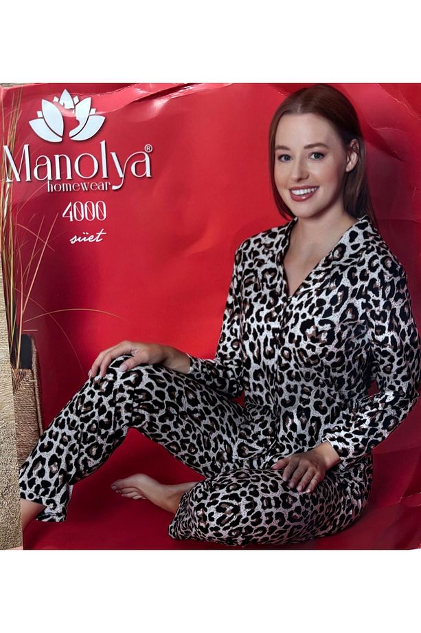 Süet Gömlek Yaka Leopar Pijama Takımı - 1
