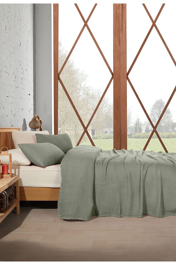 Adaçayı Yeşil %100 Pamuk Waffle Çift Kişilik Saçaksız Yatak Örtüsü 220x240 - 5