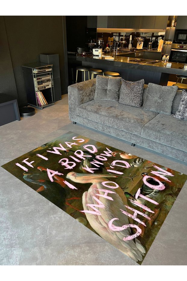 Marbling Collection Modern Decorative Carpet with Bird and Text Detailed Woven Base Ebru48