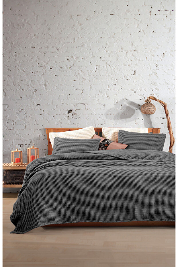 Dark Gray 100% Cotton Single 160X240Cm Waffle Fringeless Bedspread/1 Piece 50X70Cm Pillow
